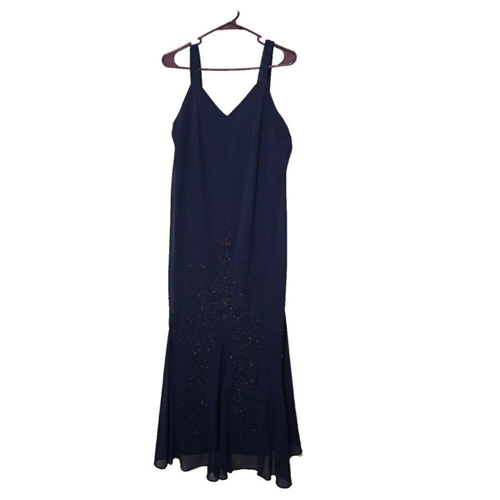 R&M Richards Evening Dress 16W Blue Beaded Mother of Bride Chiffon Trumpet Event